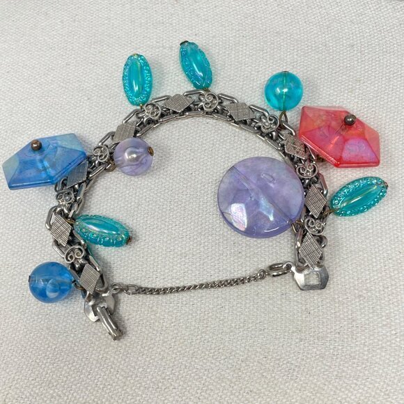 Vintage Bead Charm Bracelet Iridescent Blue Purple Dangle Fun Girly Retro - Picture 1 of 10